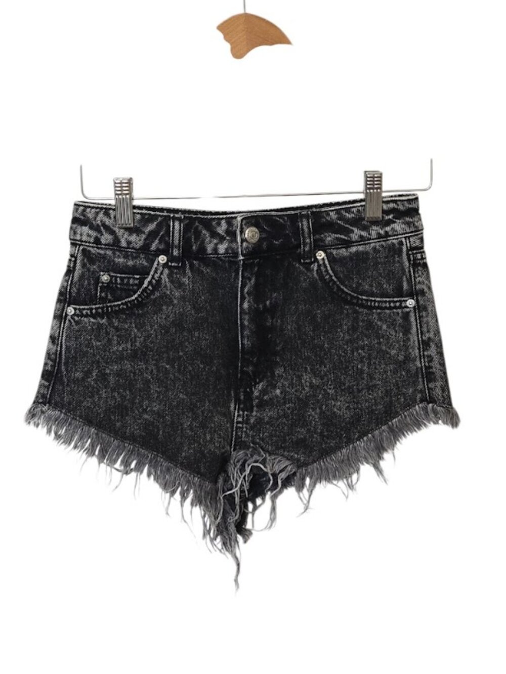 TOPSHOP Kiri Black Acid Wash Denim Shorts Size 2 Frayed Raw Hem EUC